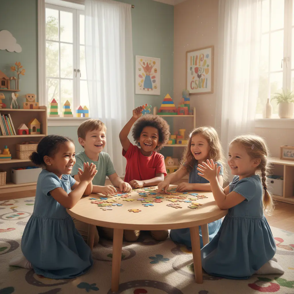 Grupo de niños jugando y aprendiendo